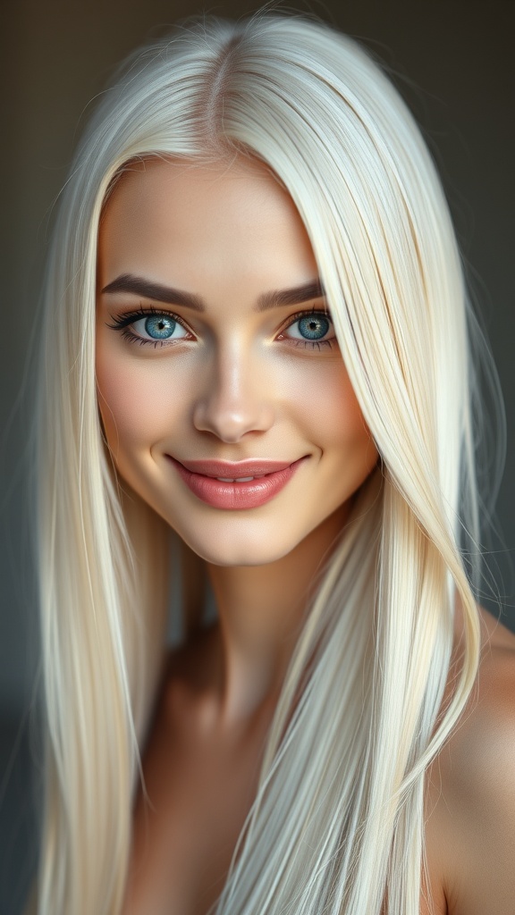 A woman with long, sleek icy blonde hair and striking blue eyes, smiling softly.