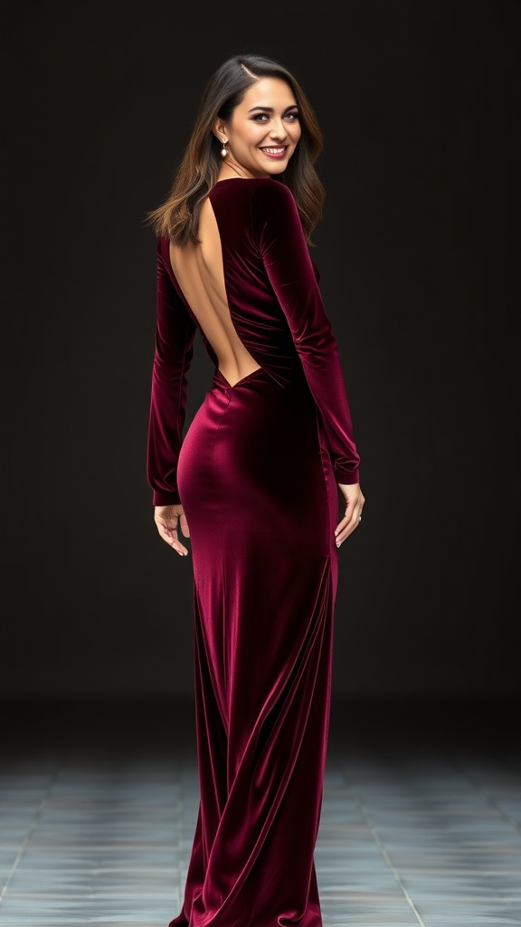 A woman wearing a burgundy velvet long sleeve dress with a low back, smiling at the camera.