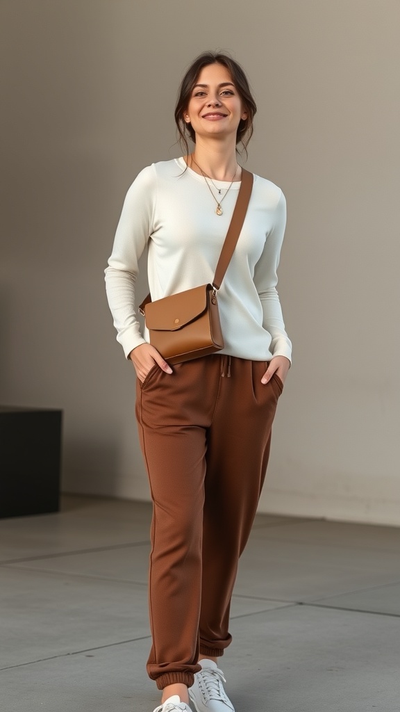 A woman wearing a long sleeve henley, brown joggers, and a crossbody bag, smiling in a casual setting.