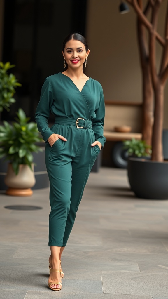 A woman wearing a green long sleeve jumpsuit with gold accessories, standing confidently in a stylish setting.