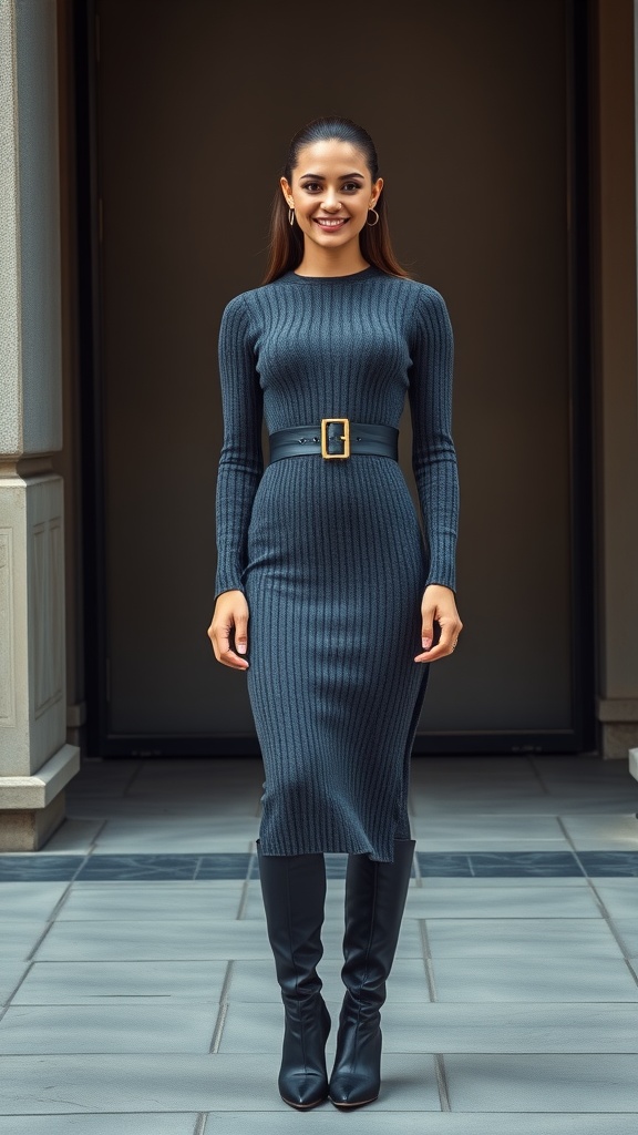 A woman wearing a long sleeve ribbed knit dress with a statement belt and knee-high boots, standing confidently.