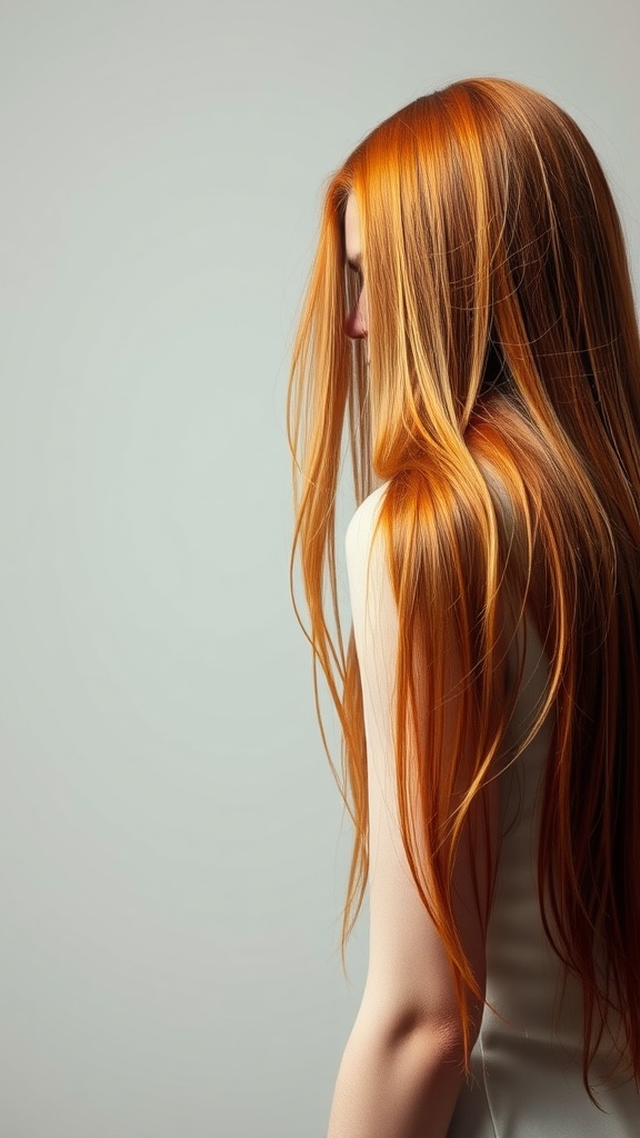 A person with long straight ginger hair, showcasing vibrant ginger hair color.