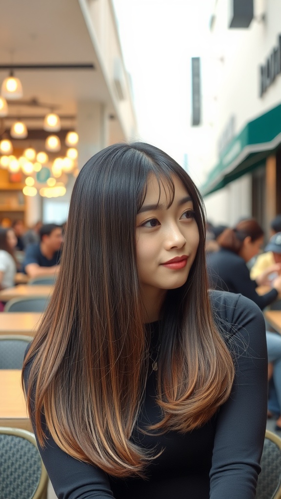 A woman with long straight hair and a middle part, showcasing a stylish and elegant look.