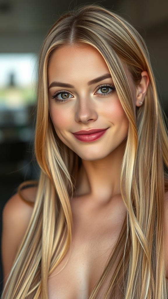A woman with long straight blonde hair featuring ribboned lowlights, smiling softly.