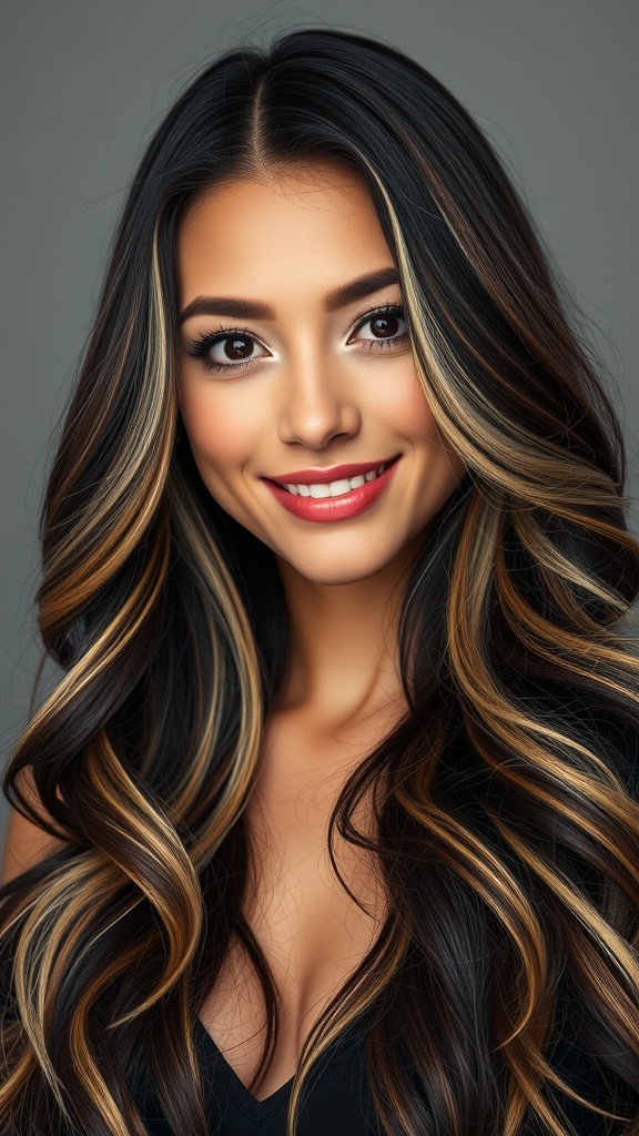 A woman with long, wavy hair featuring caramel blonde highlights on dark hair, smiling at the camera.