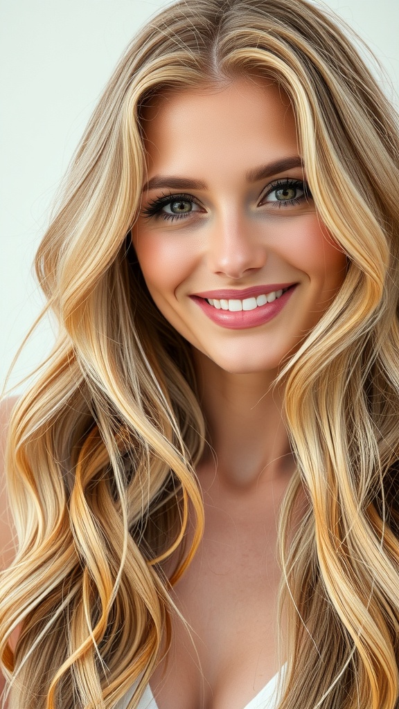 A woman with long blonde hair styled in waves, featuring caramel lowlights for added depth and dimension.