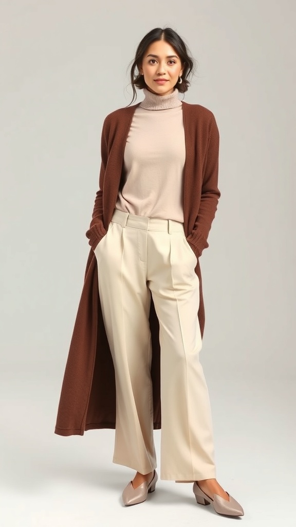 A woman wearing a longline cardigan over a turtleneck with wide-leg pants, showcasing a casual fall outfit.