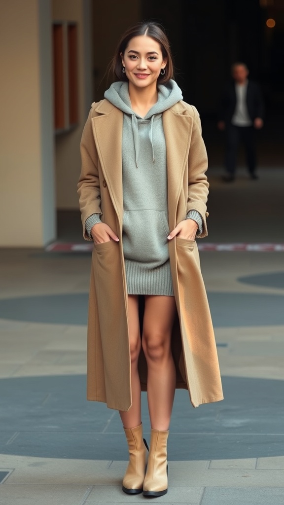 A woman wearing a longline duster coat over a hoodie dress, paired with ankle boots, standing outdoors.