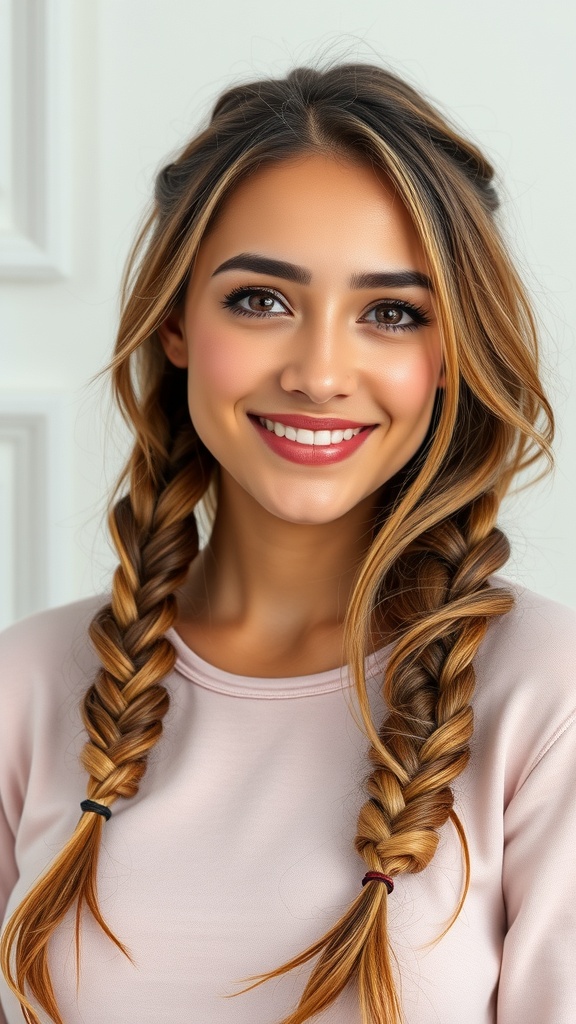 A woman with loose braids showcasing blonde balayage on brown hair, smiling at the camera.