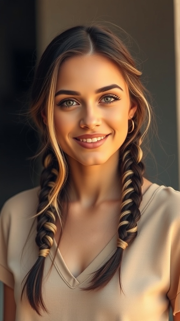 A woman with loose braids featuring blonde highlights on dark hair, smiling at the camera.