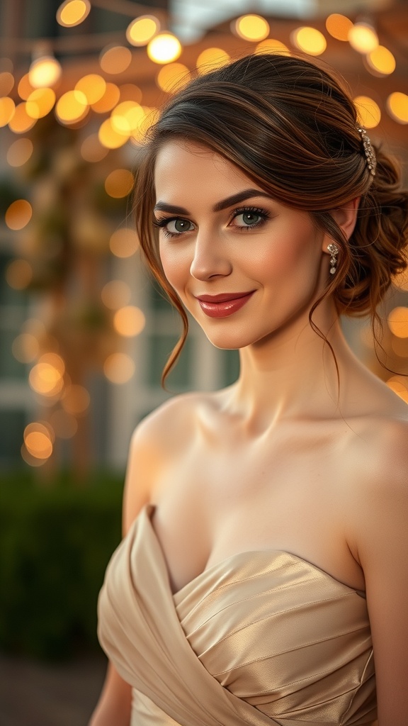 A model with a loose bun hairstyle featuring soft curls and twists, wearing a strapless dress, with warm bokeh lights in the background.
