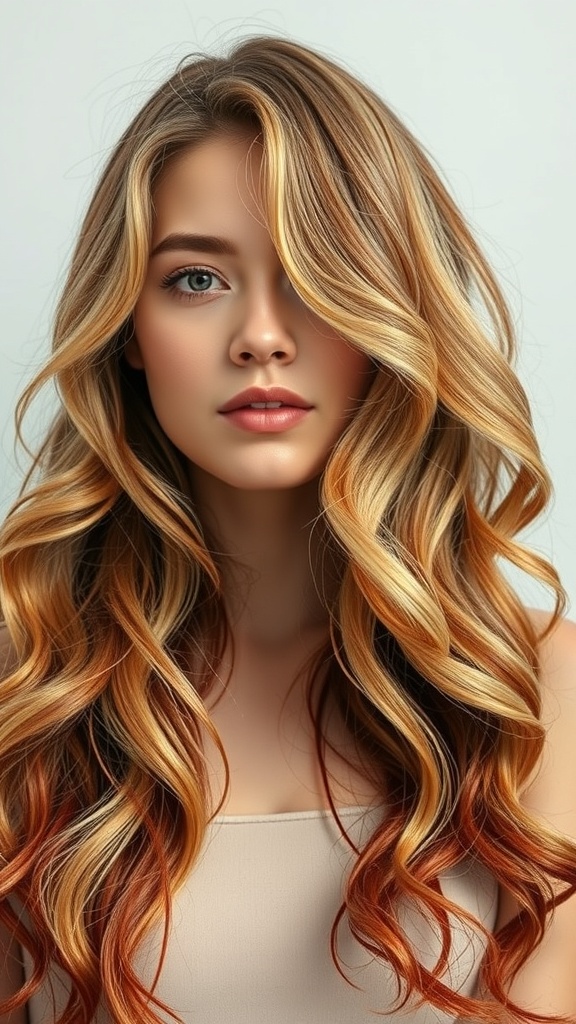 A woman with loose curls in a red and blonde gradient hairstyle, showcasing vibrant colors and soft waves.