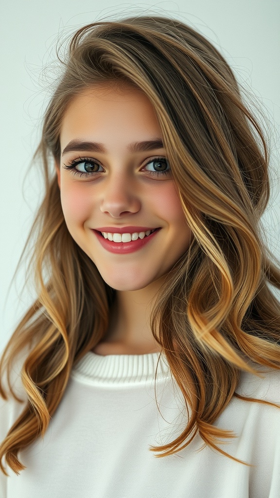 A girl with loose waves and a side part, smiling brightly.