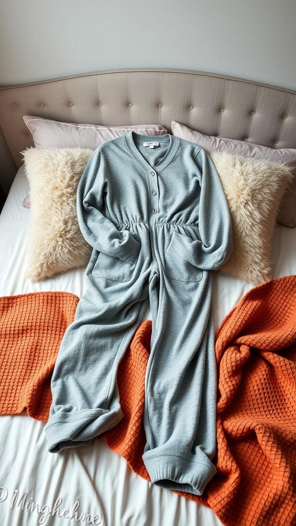 A cozy gray loungewear jumpsuit laid out on a bed with pillows and blankets.