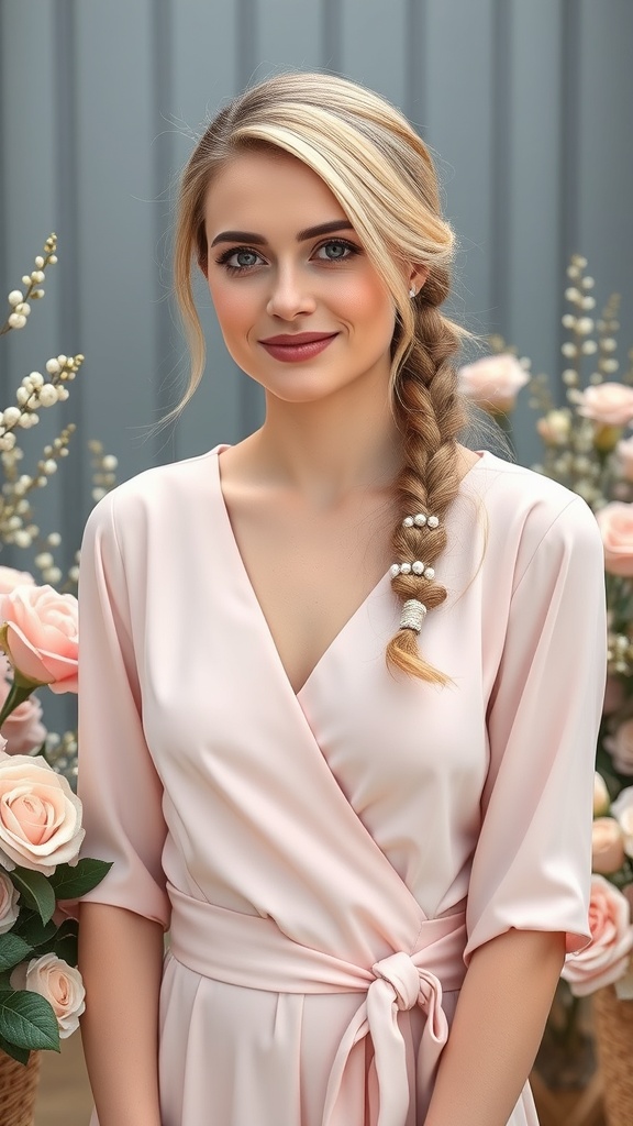 A model with a low bubble ponytail hairstyle, wearing a pink dress, surrounded by flowers.