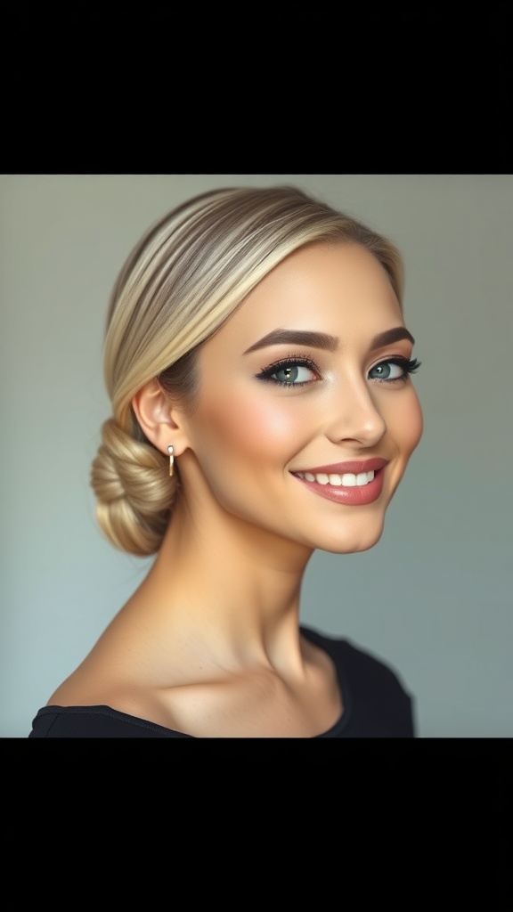 A woman with blonde hair styled in a low bun with twisted sections, featuring brown highlights.