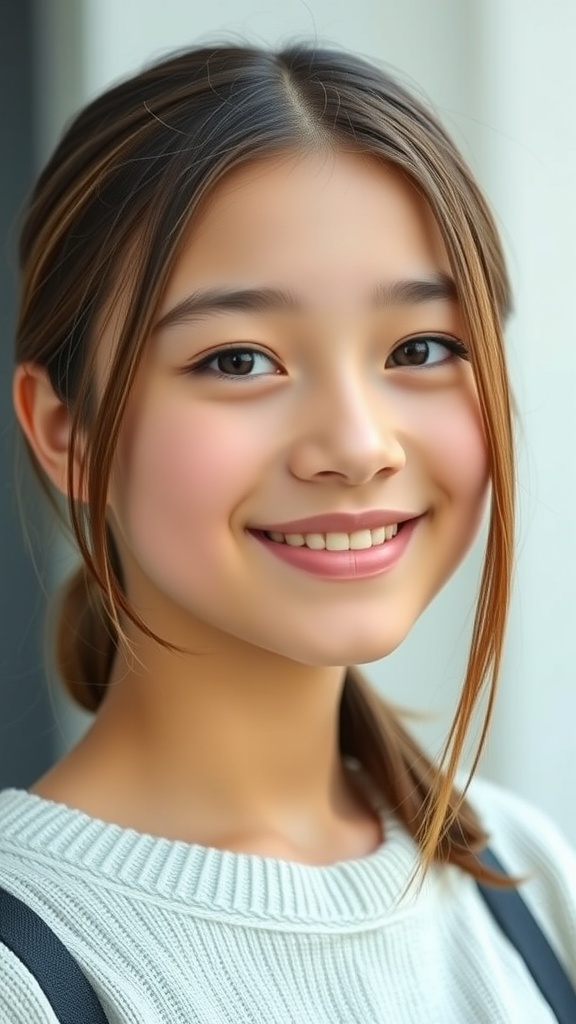 A young girl with a low twisted bun hairstyle, smiling and looking stylish.