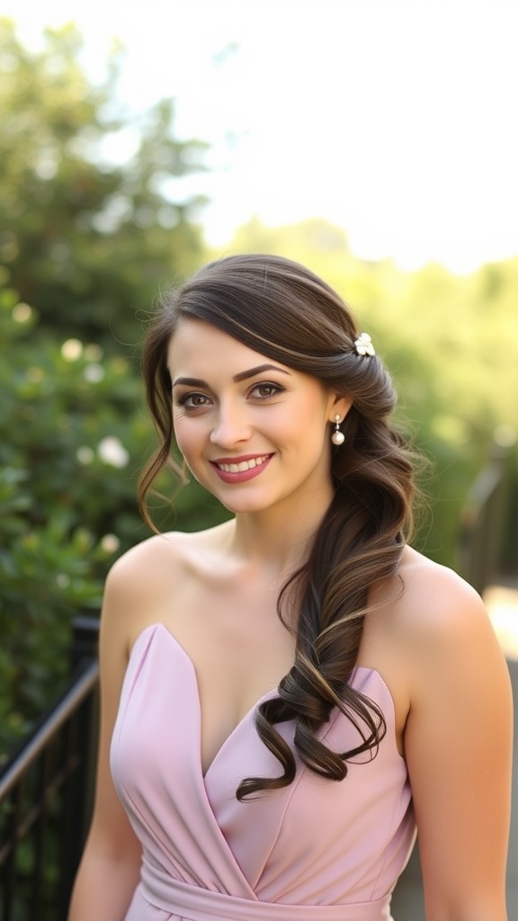 A bridesmaid with a low twisted chignon hairstyle, featuring soft curls and a pink dress, smiling outdoors.