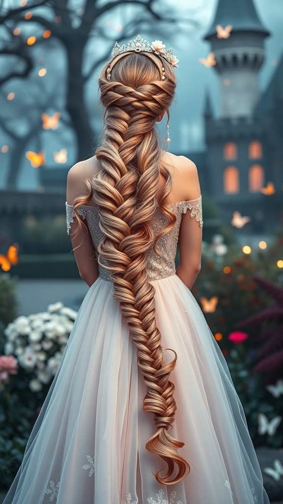 A woman with a luxe fishtail braid, adorned with soft curls, wearing a flowing gown and a crown, set against a fairytale castle backdrop.