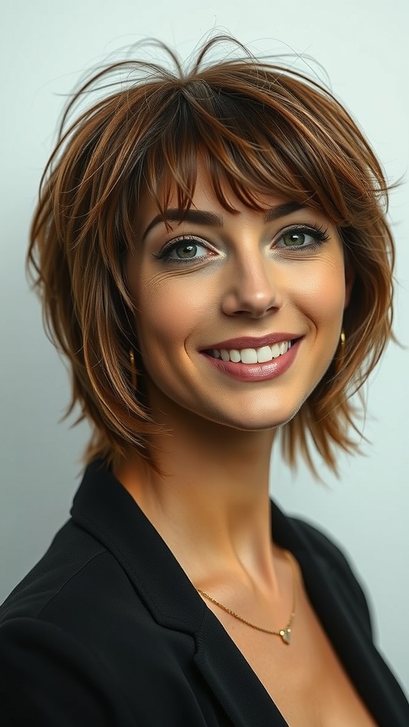 A woman with a mahogany layered shag haircut, smiling and showcasing warm hair tones.