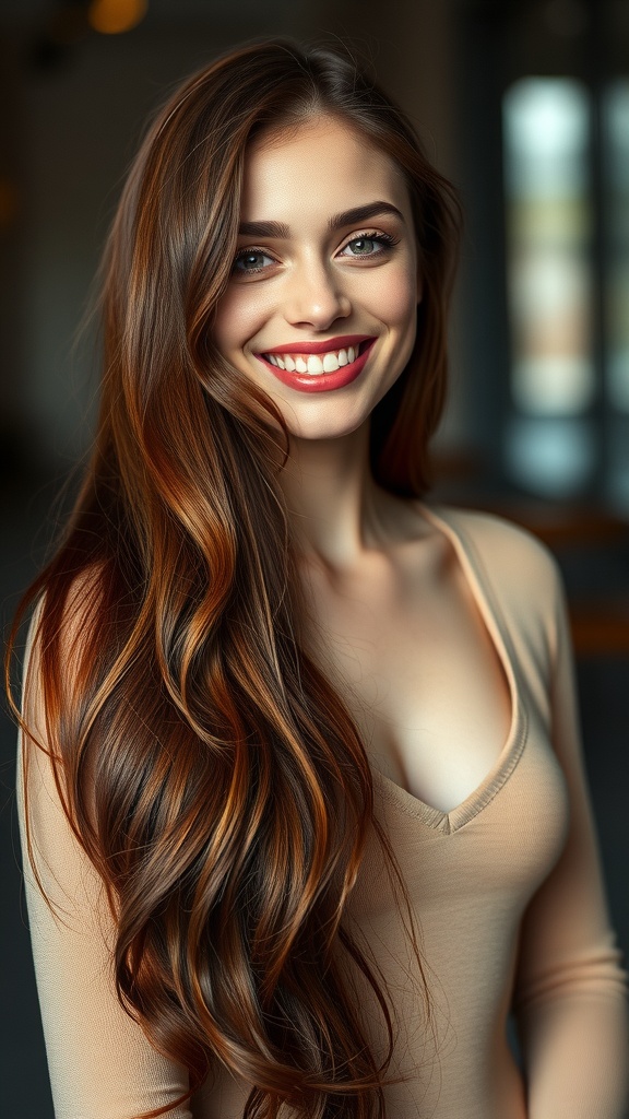 A woman with glossy mahogany red hair styled in long layers, smiling brightly.
