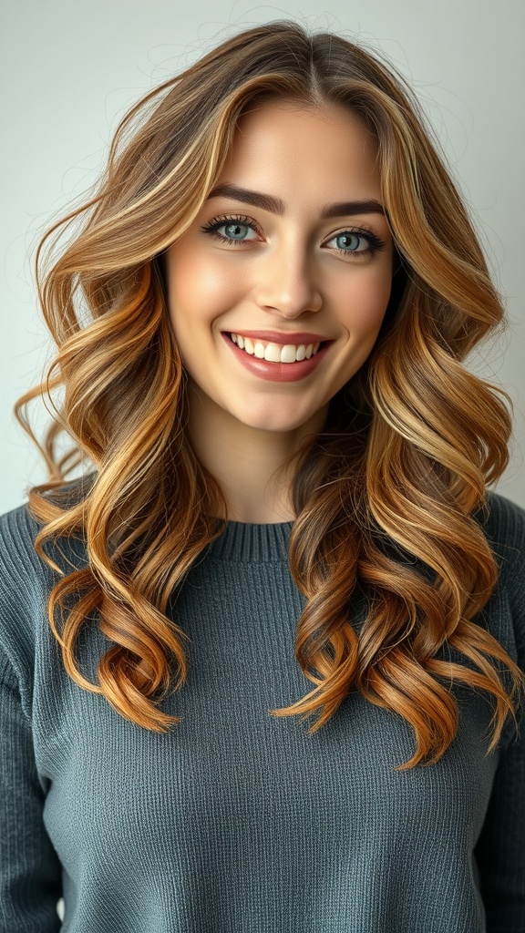 A woman with maple blonde tousled curls, smiling and wearing a grey sweater.