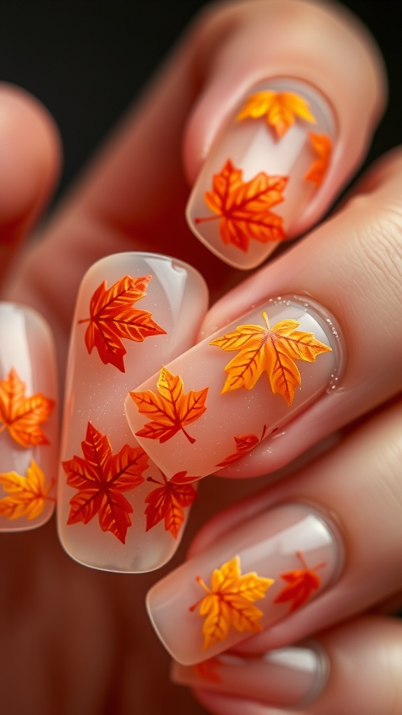 Nail art featuring maple leaves in orange and yellow on a clear base