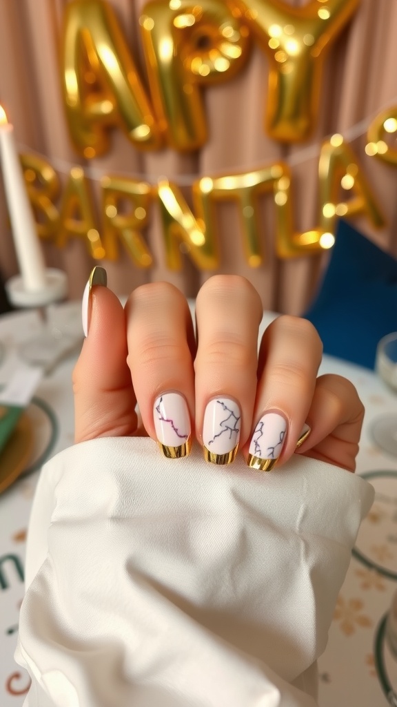Close-up of stylish birthday nails featuring a marble effect with metallic gold tips.