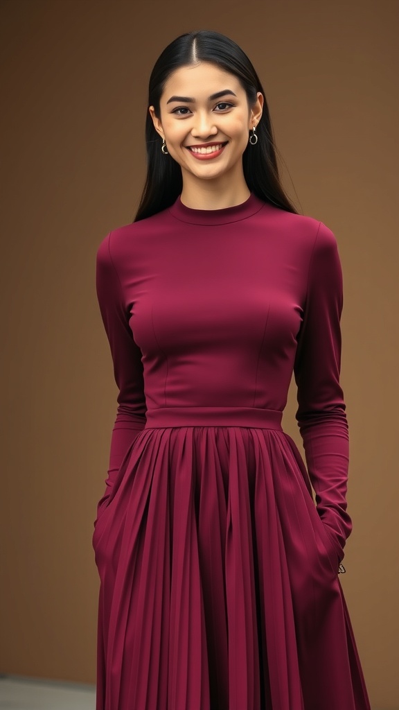 A woman smiling while wearing a maroon long sleeve dress with a pleated skirt.