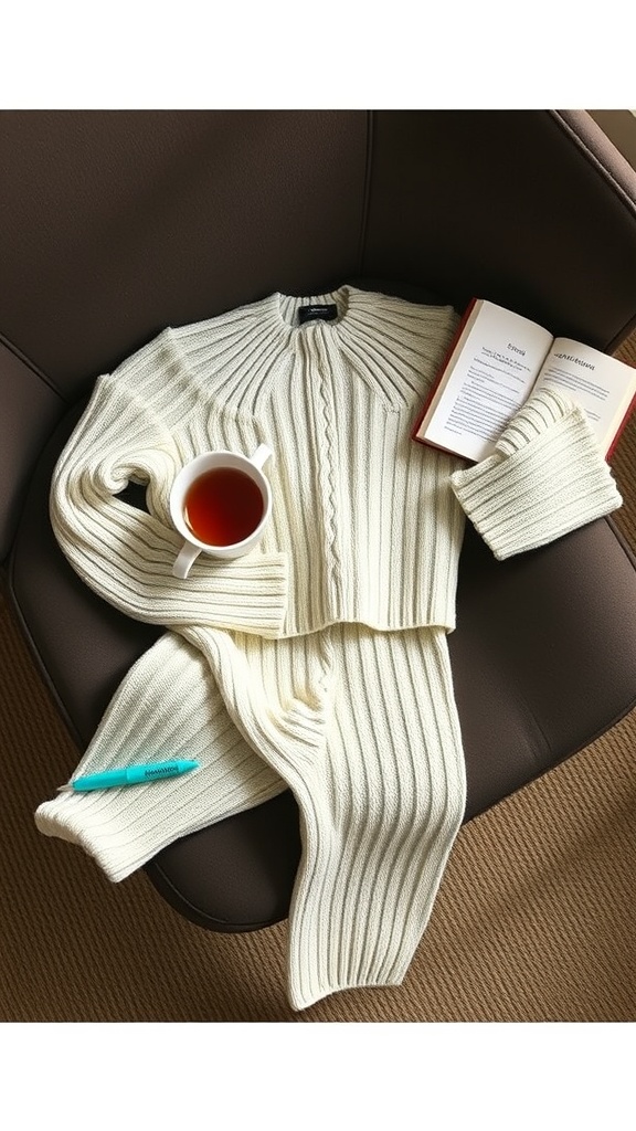 A cozy matching knit set laid out on a chair with a cup of tea and a book.