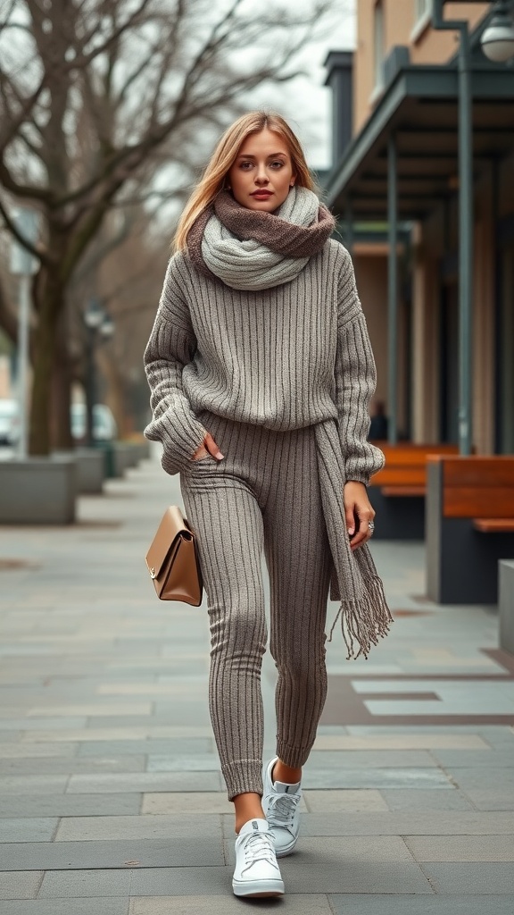 A woman wearing a matching knit set and oversized scarf, walking in a city setting.