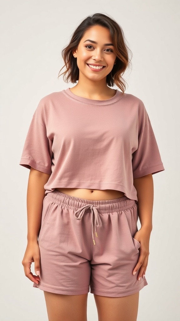A smiling woman wearing a matching lounge set consisting of a cropped top and shorts in soft pink.