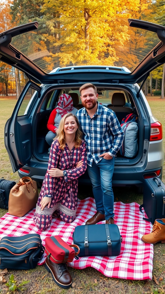 A stylish road trip outfit featuring a matching set with a dress and casual top, paired with a denim jacket and accessories.