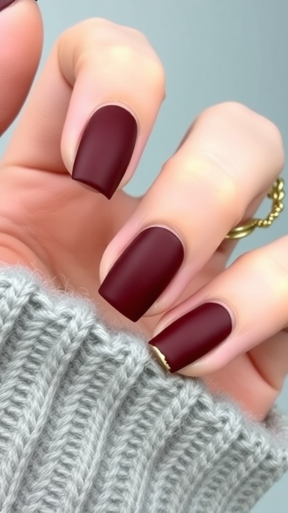 Close-up of matte burgundy nails with gold foil flakes