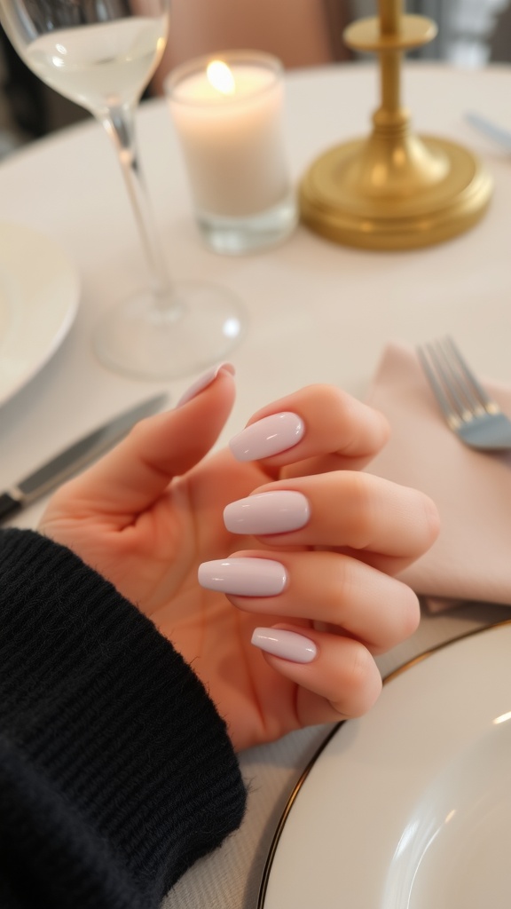 Close-up of a hand with lavender matte nails and glossy tips, resting on a table with a candle and glass.
