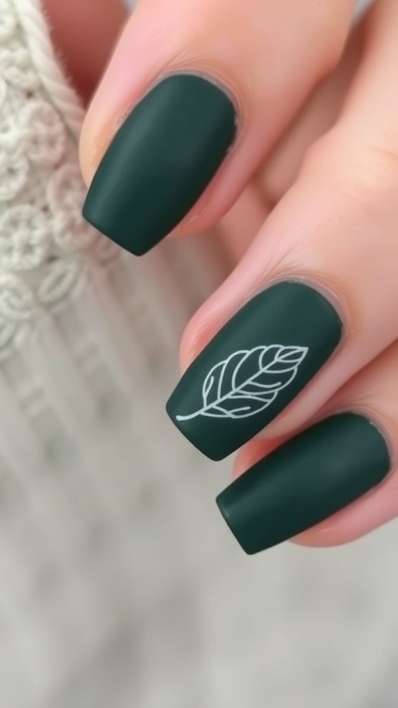 Matte forest green nails with white leaf outline accents