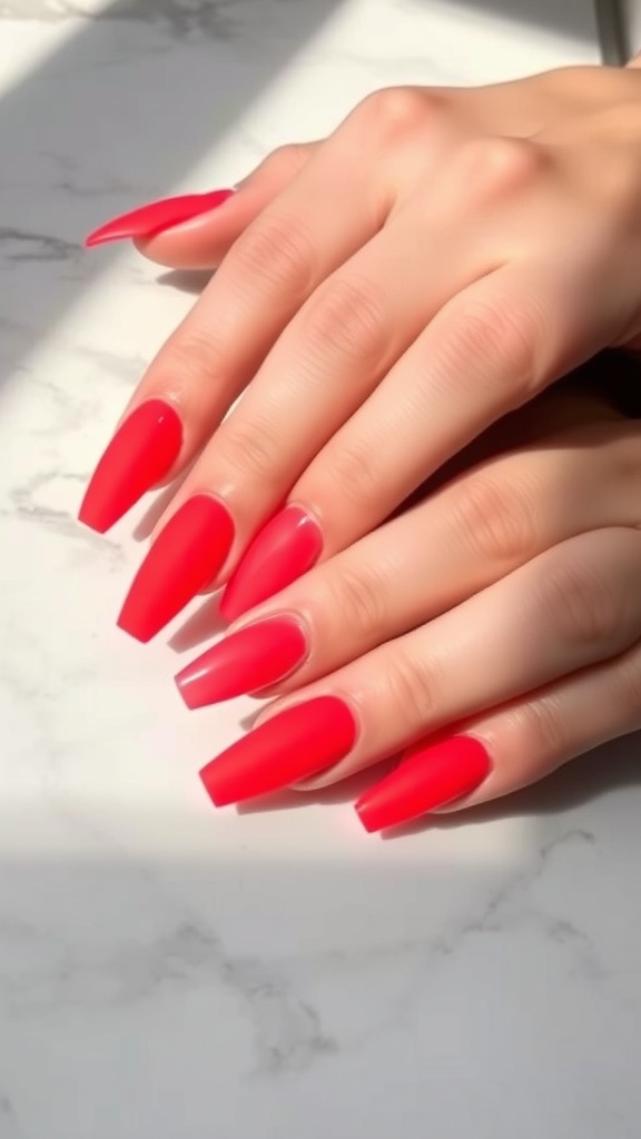 A close-up of matte neon red coffin nails on a marble surface, showcasing a bold and vibrant manicure.