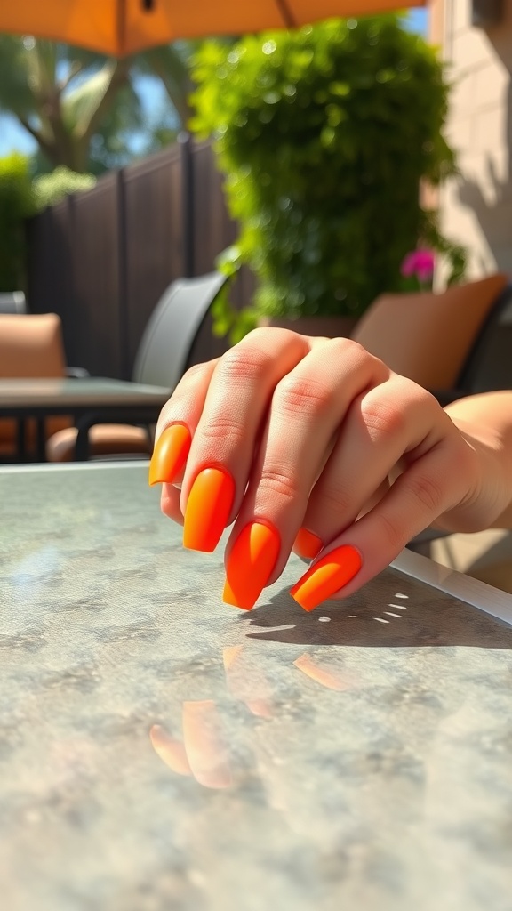 A hand showing matte orange nails with glossy tips in a sunny outdoor setting.