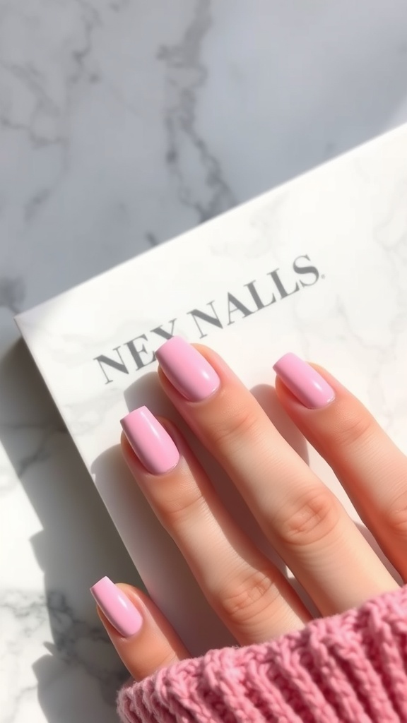 A close-up of matte pink nails with a mix of long and short lengths on a marble background.