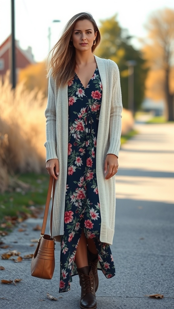A woman wearing a floral maxi dress with a knit duster and boots, walking on a path surrounded by autumn foliage.