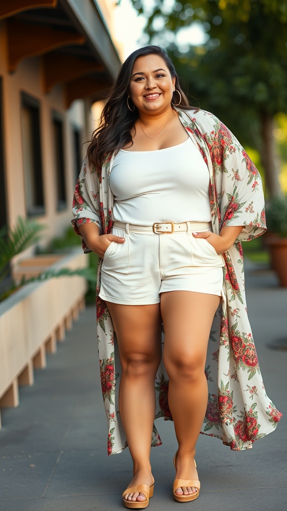 A woman wearing a floral maxi kimono over a white tank top and belted shorts, smiling outdoors.