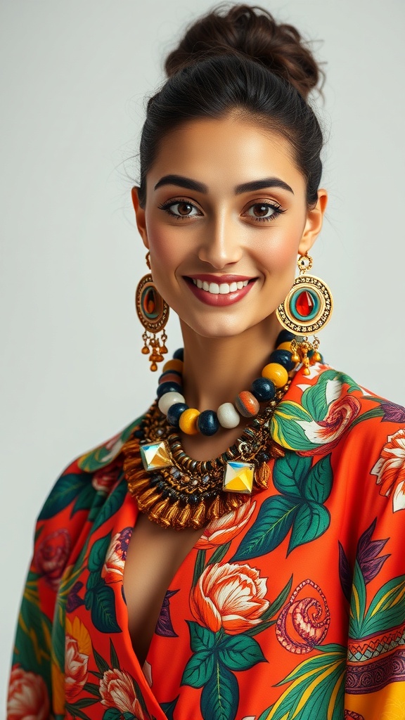 A model showcasing a vibrant floral print outfit with bold accessories, embodying the maximalist aesthetic.