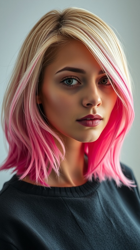 A woman with medium-length hair featuring pink dip dye on a blonde base, showcasing a stylish and modern look.