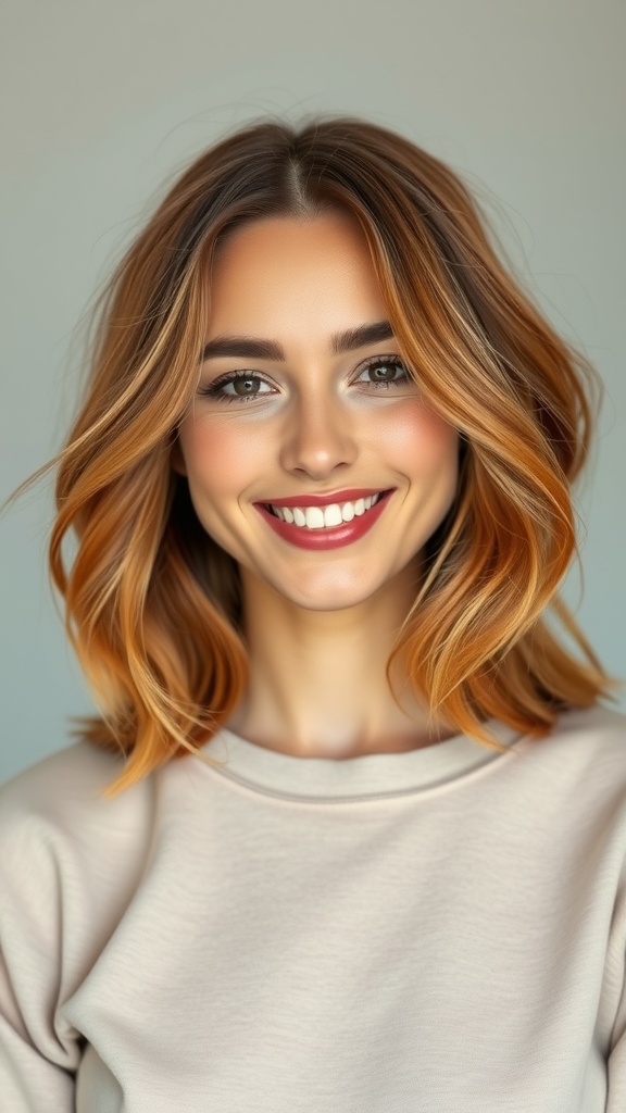 A woman with medium-length pumpkin spice hair, smiling and showcasing soft ends.