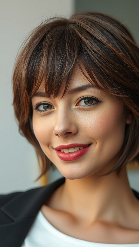 A woman with medium-length shag hairstyle featuring ash brown highlights, smiling confidently.
