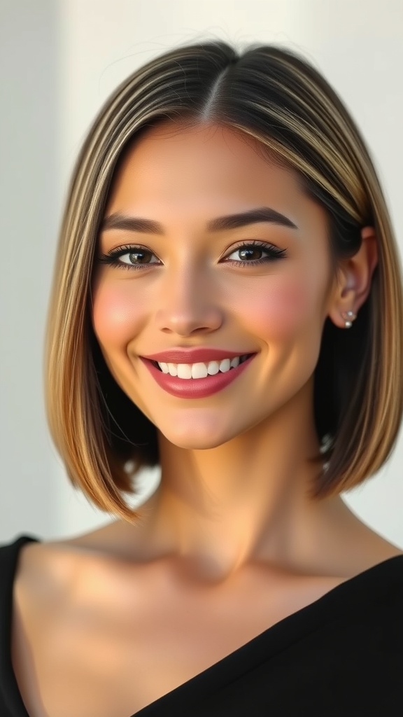 A woman with medium-length straight hair featuring blonde highlights on dark hair, smiling warmly.