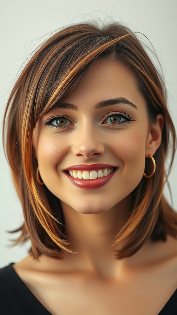 A woman with medium brown hair featuring peekaboo caramel highlights, smiling brightly.