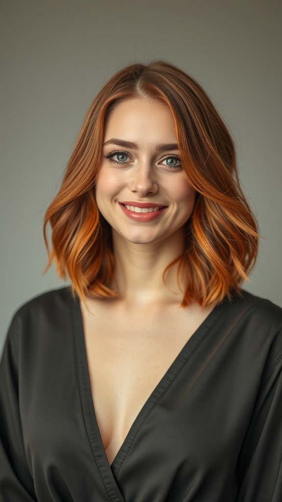 A woman with medium copper red hair styled in side layers, smiling at the camera.