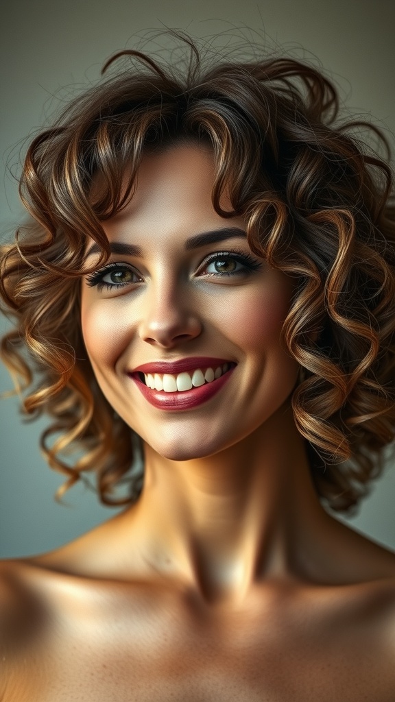 A woman with medium-length layered hair styled in natural curls, smiling brightly.