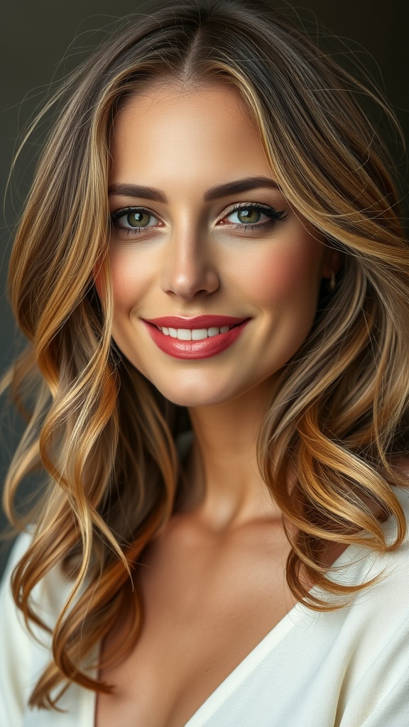 A woman with medium wavy brown hair featuring golden babylights, smiling at the camera.